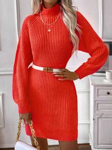 EMERY ROSE Turtleneck Raglan Sleeve Sweater Dress Without Belt Fall Winter Cloth For Women - Orange - View 4
