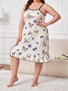 蝴蝶印花荷叶边下摆吊带睡衣睡裙