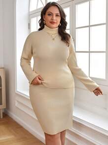 SHEIN Clasi Hơn Áo cao cổ Áo len & Viền chia cắt Váy dệt kim - Màu be - Xem 5