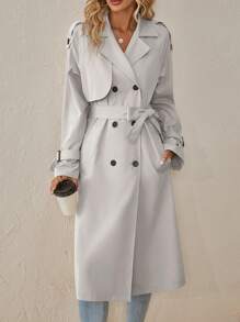 SHEIN Clasi Double Breasted Belted Trench Coat In Fall/Winter - Light Grey - View 4