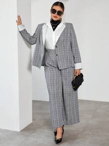 SHEIN Privé Plus 1pc Contrast Peak Collar Plaid Blazer and 1pc Pants Set - Multicolor - View 6