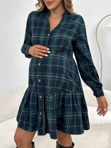SHEIN Maternity Plaid Print Ruffle Hem Smock Dress