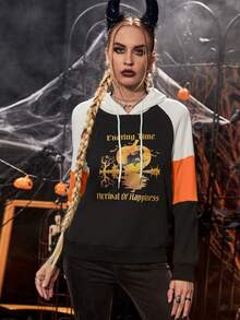 PUNK Halloween Print Raglan Sleeve Drawstring Hoodie - Black - View 4