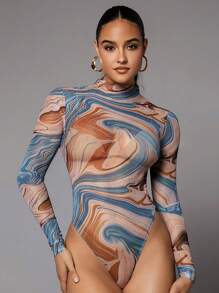 Silquee Marble Print Mock Neck High Cut Bodysuit - Multicolor - View 1