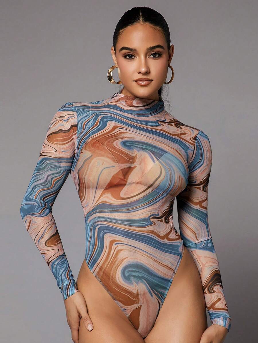 Silquee Marble Print Mock Neck High Cut Bodysuit - Multicolor - View 1