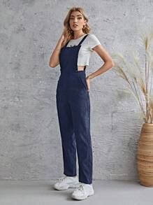 SHEIN LUNE Áo liền quần nữ viền lá sen Túi Dây kéo màu trơn Giải trí - Màu xanh hải quân - Xem 3