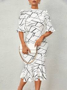 SHEIN Privé Đầm Viên lá sen Xù Hình học Tất cả trên in Thanh lịch - trắng - Xem 3