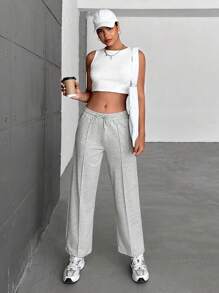 RueChic Solid Drawstring Waist Seam Detail Sweatpants - Light Grey - View 3