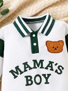 男嬰小熊貼片字母圖案撞色領 Polo 領連身褲 - 白色 - 查看 3