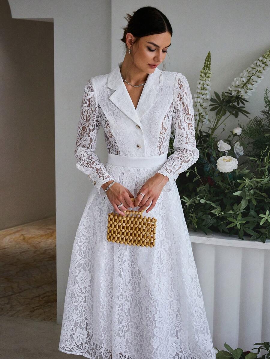 Sollinarry Vestido de cuello con solapa con encaje - Blanco - Ver 1