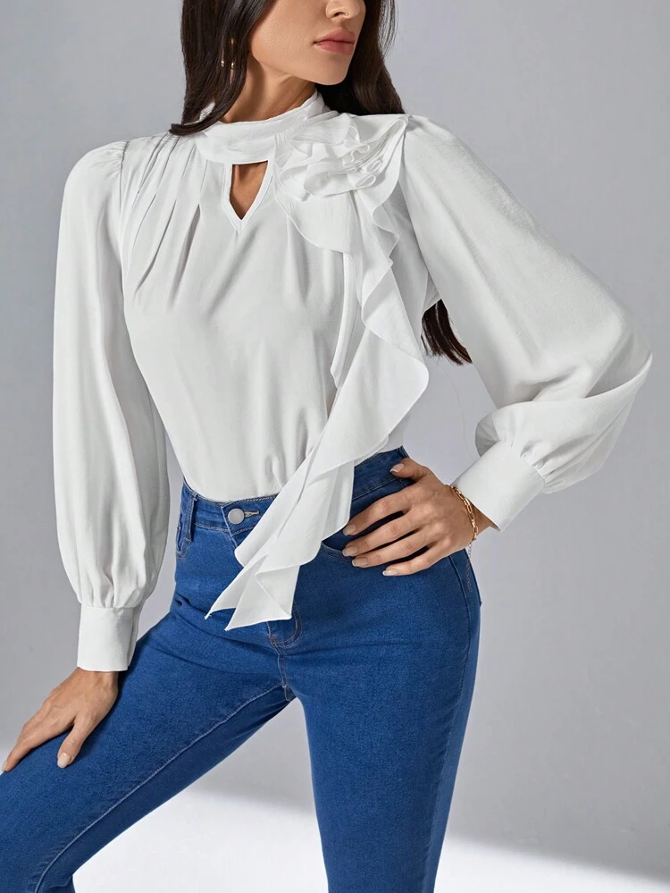 Keyhole Neck Ruffle Trim Blouse