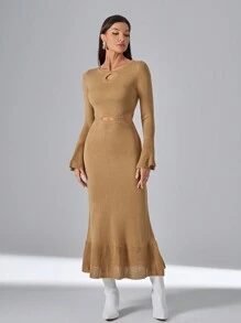 SHEIN Privé 優雅挖空 揉皺 荷葉邊純色女士毛衣連衣裙