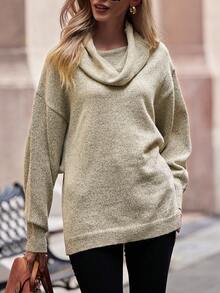 SHEIN LUNE 堆堆領落肩袖套頭毛衣 - 灰色 - 查看 4