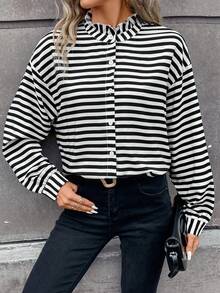 SHEIN Frenchy 條紋印花落肩袖襯衫 - 黑與白 - 查看 3