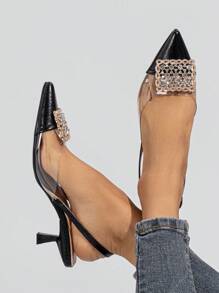 Fall/Winter 2025 Women's Spring Summer Outdoor Transparent High Heels With Rivets, Pointed Toe And Color-Blocking Design, Kitten Heels, Elegant, Women Pumps - Black - View 5