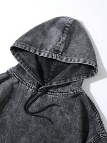 Chillumni 宽松版型男士抽绳时尚纯色连帽深色牛仔夹克，带袋鼠口袋，适合派对 - 深灰色 - 查看 4