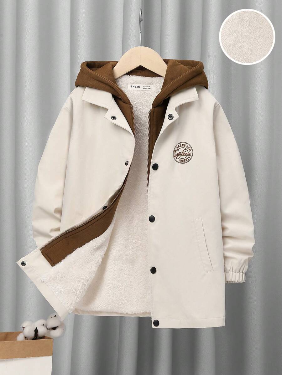 SHEIN Cậu bé Tween Lỏng lẻo phù hợp áo có mũ Khối màu Jacket thể thao - Màu be - Xem 1