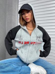 Flirla Capucha con estampado de letra de manga raglán con cordón cremallera