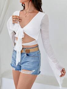 Soleia 前繫帶喇叭袖短款上衣 - 白色 - 查看 5