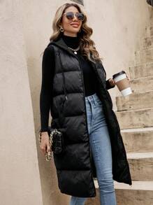 SHEIN Frenchy Solid Hooded Quilted Padded Warm Vest Coat - Black - View 5