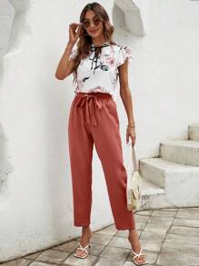 SHEIN Frenchy Floral Print Tie Neck Ruffle Trim Top & Belted Pants - Rust Brown - View 1