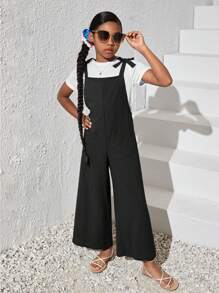 SHEIN 女大童1入組雙口袋肩上打結闊腿背帶褲 - 黑色 - 查看 4