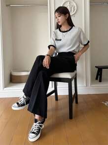 DAZY Patched Detail Contrast Binding Tee - Light Grey - View 5