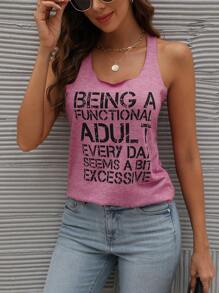 SHEIN LUNE Slogan Graphic Racer Back Tank Top BEING A FUNCTIONAL ADULT EVERY DAY SEEMS A BIT EXCESSIVE - Dusty Pink - View 1