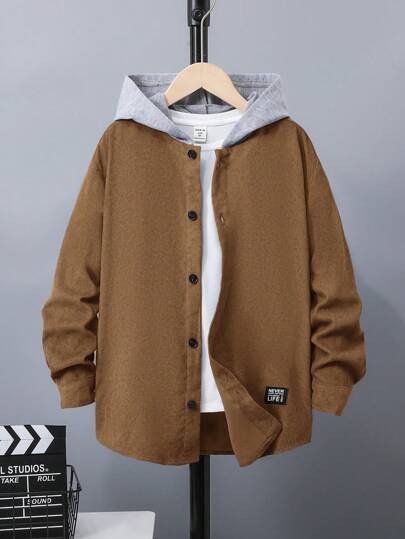 SHEIN 男童休闲舒适拼接撞色编织外套，秋冬季，适合所有年龄段儿童，长袖，冬季外套