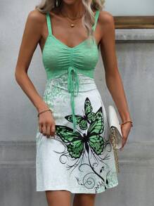 SHEIN LUNE Butterfly Print Drawstring Front Cami Dress - Multicolor - View 3