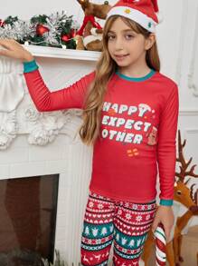 少女聖誕印花對比邊條圓領t恤＆長褲緊身睡衣套裝1件 - 紅色 - 查看 3