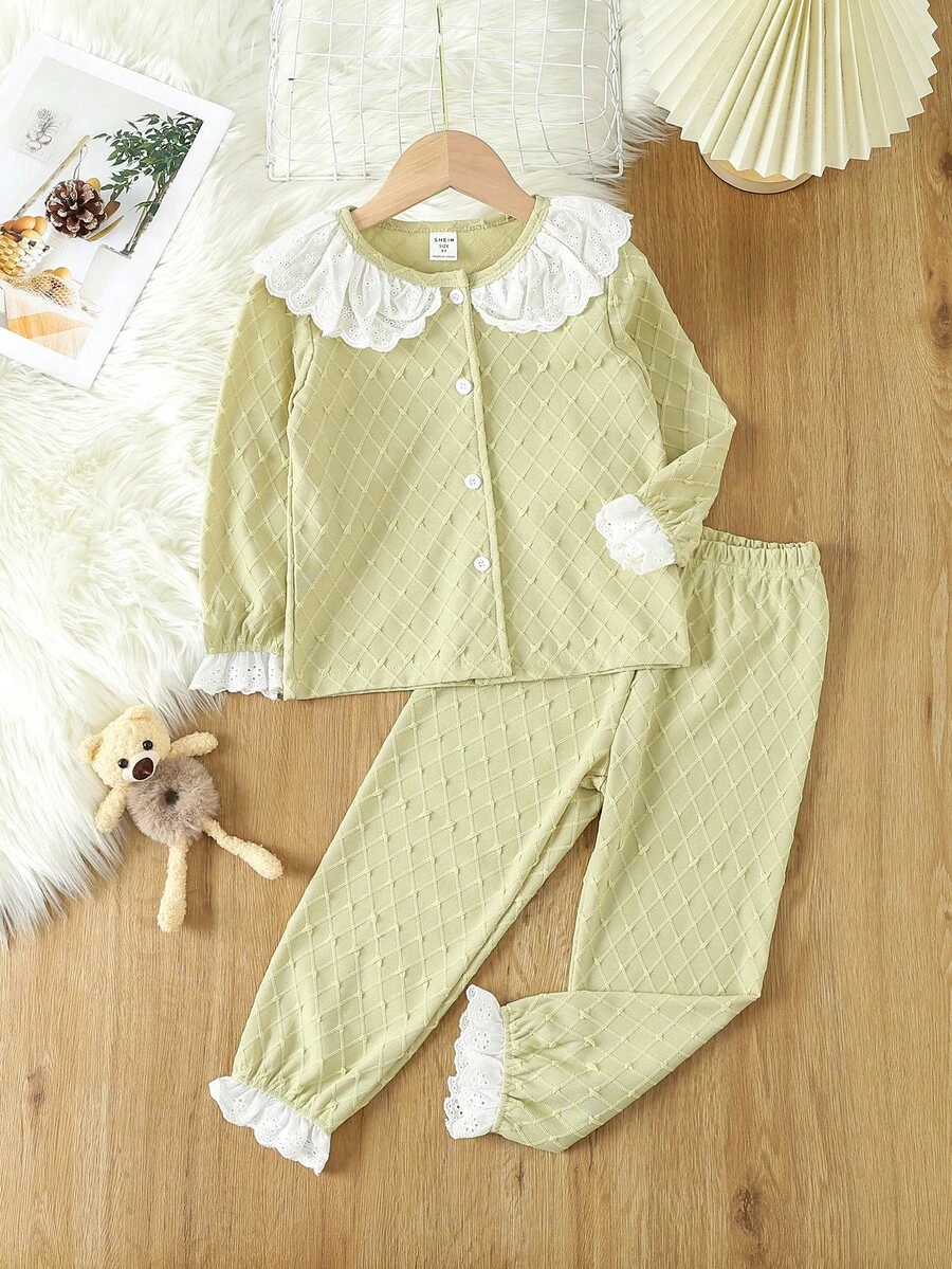 Chica Joven Conjunto de pijama con bordado con ojal ribete con fruncido de manga amplia - Amarillo - Ver 1