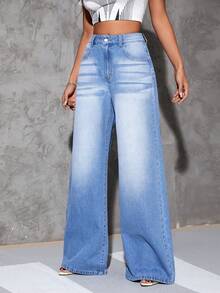 SHEIN Essnce Quần jean nữ Nút Túi Dây kéo màu trơn - Rửa trung bình - Xem 3