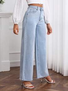 SHEIN Frenchy 水洗闊腿牛仔褲 - 淺色水洗藍 - 查看 4