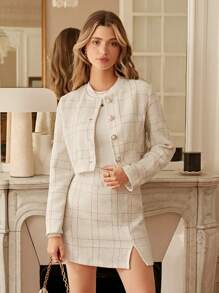 Serisse Teacher Outfits Plaid Print Jacket & Split Hem Grace Suits Skirt Winter Elegant Spring