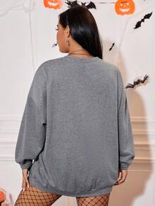 SHEIN EZwear Hơn In Đầu lâu Thả vai Áo nỉ - Màu Xám nhạt - Xem 2