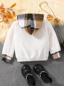 男小童格紋印花翻蓋口袋連帽毛絨夾克 - 彩色 - 查看 2