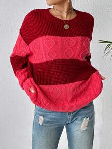 SHEIN Unity 双色落肩针织套头衫秋冬毛衣 - 紅色 - 查看 3