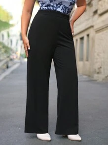 SHEIN Frenchy Plus碼純黑色闊腳喇叭褲，夏季服裝 - 黑色 - 查看 3