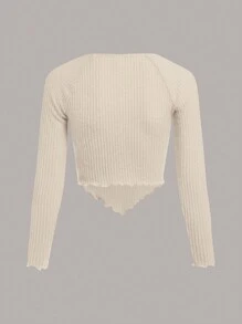 SHEIN Teen Girl Ruched Bust Lettuce Trim Hanky Hem Tee - Beige - View 2