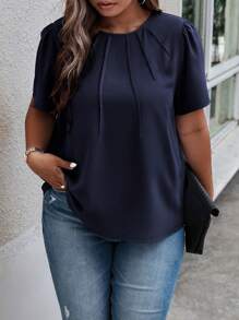SHEIN LUNE Plus Solid Puff Sleeve Blouse - Navy Blue - View 1