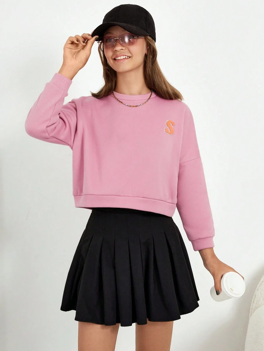 RueChic Teen Girl Letter Patched Drop Shoulder Pullover - Pink - View 1