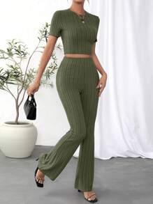 SHEIN Essnce Solid Crop Tee & Flare Leg Pants - Army Green - View 5