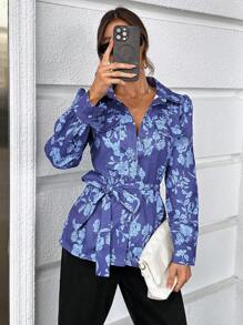 SHEIN Privé Floral Print Belted Coat