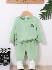 SHEIN Baby Boy Slogan Graphic Sweatshirt & Sweatpants - Green - View 1