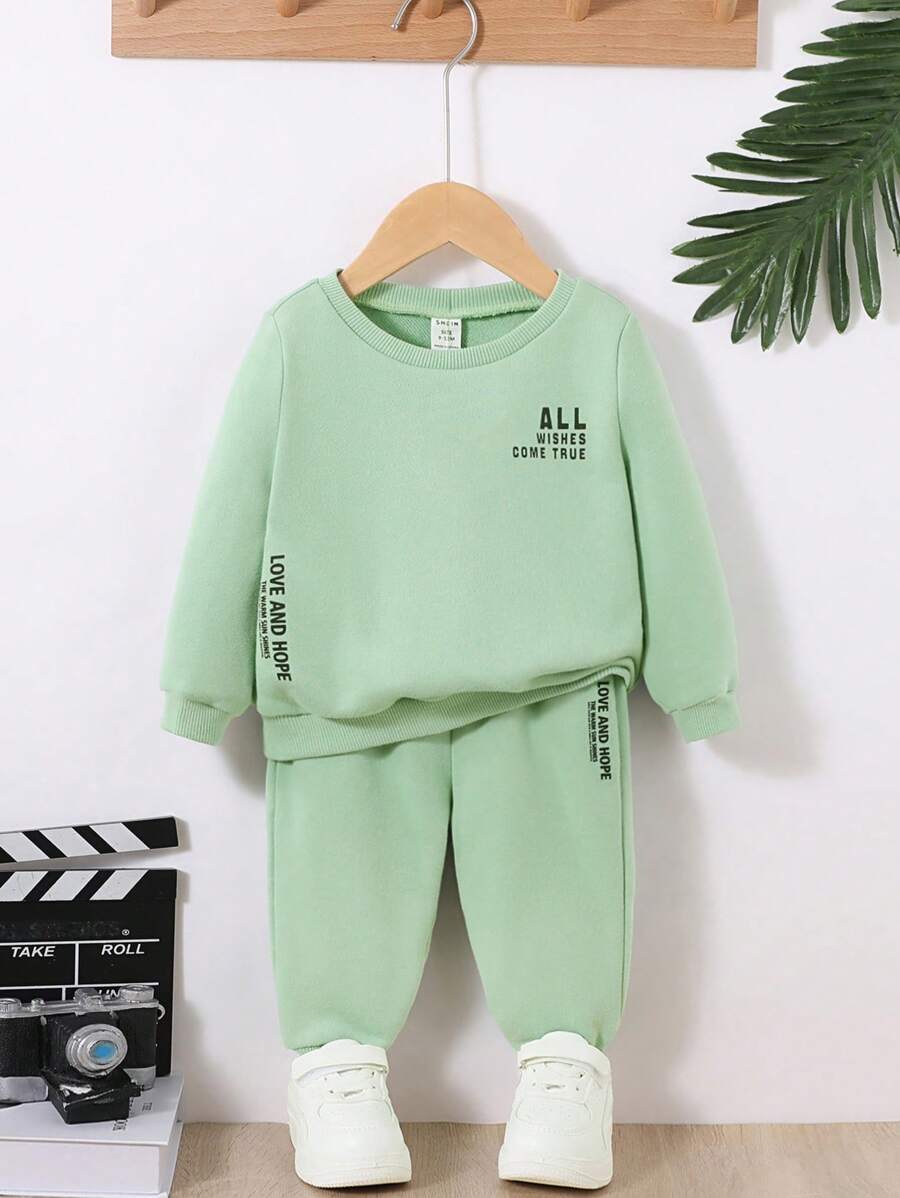 SHEIN Baby Boy Slogan Graphic Sweatshirt & Sweatpants - Green - View 1