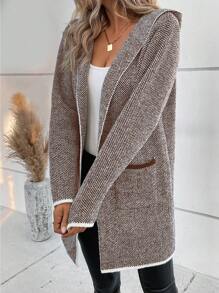 SHEIN LUNE Contrast Trim Dual Pocket Hooded Duster Cardigan - Brown - View 4