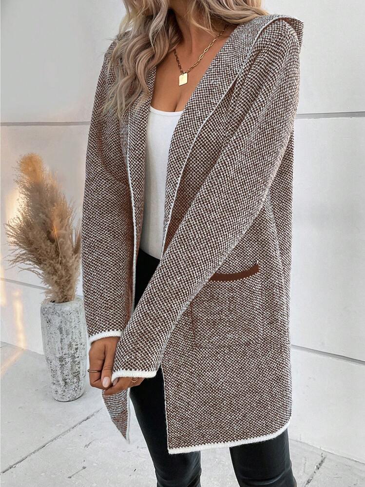 SHEIN LUNE 拼接邊雙口袋連帽開襟開衫 - 棕色 - 查看 4