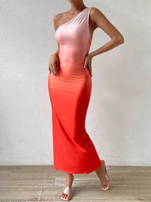 Zolique 漸層單肩褶邊高衩洋裝 - 彩色 - 查看 2