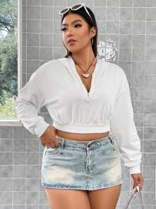 Flirla 加大码半拉链落肩短款卫衣 - 白色 - 查看 4